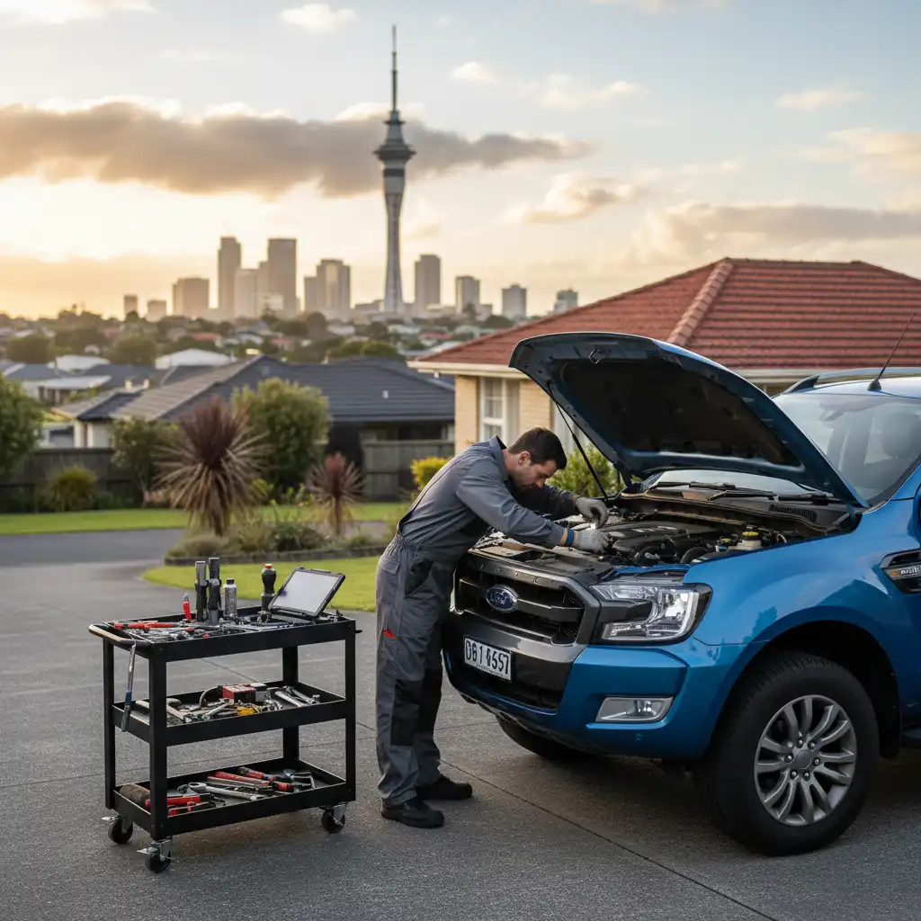 Mobile Ford Mechanic inspecting a vehicle in Auckland