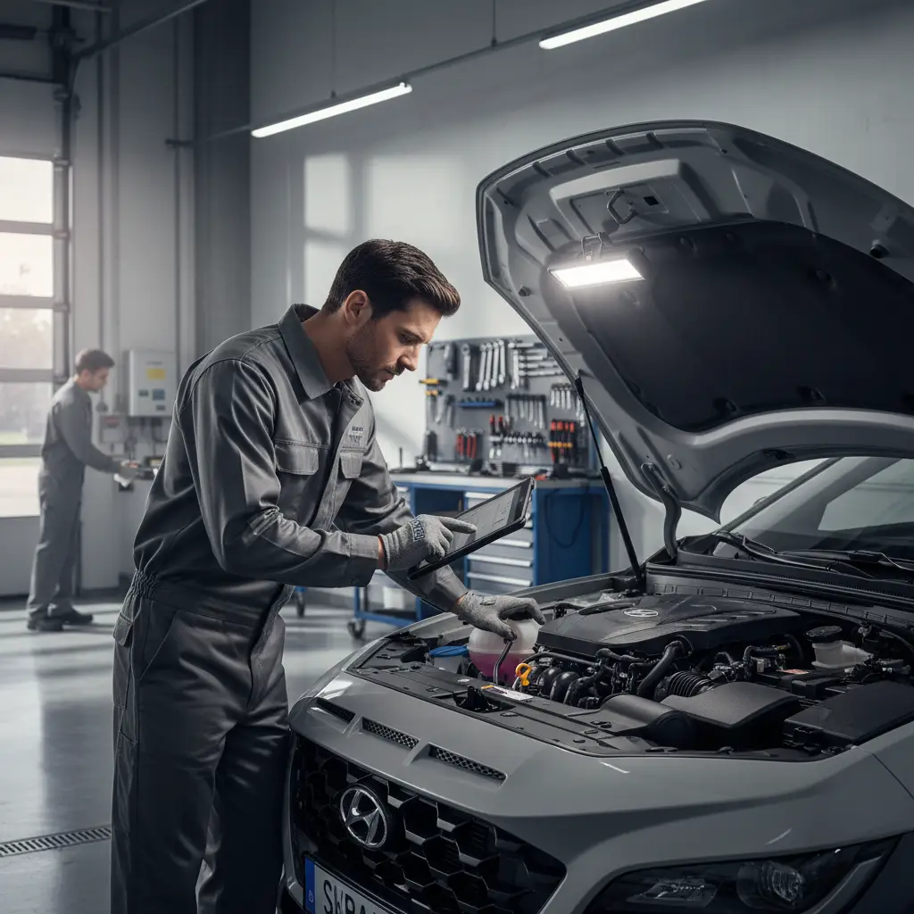 Mechanic performing Hyundai service Auckland diagnostics