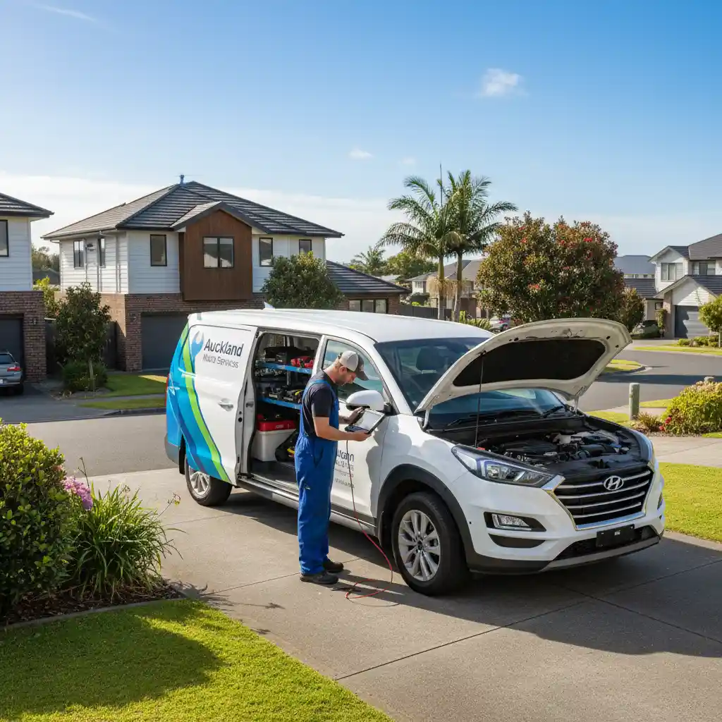 Mobile mechanic performing diagnostics on a Hyundai in Auckland