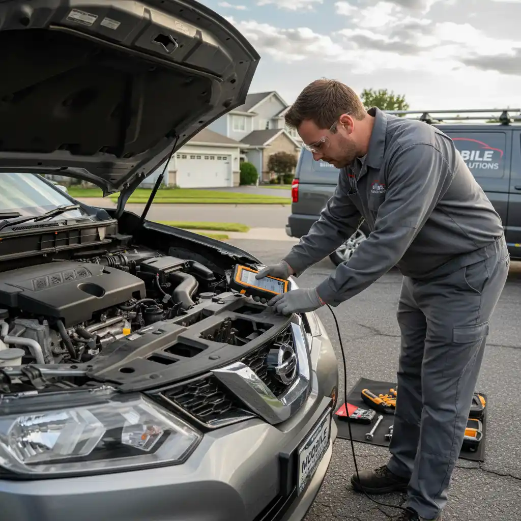 Mobile mechanic performing diagnostics on a Nissan vehicle in Auckland