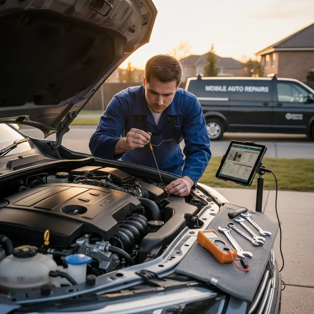 Mobile mechanic performing a standard petrol engine checklist