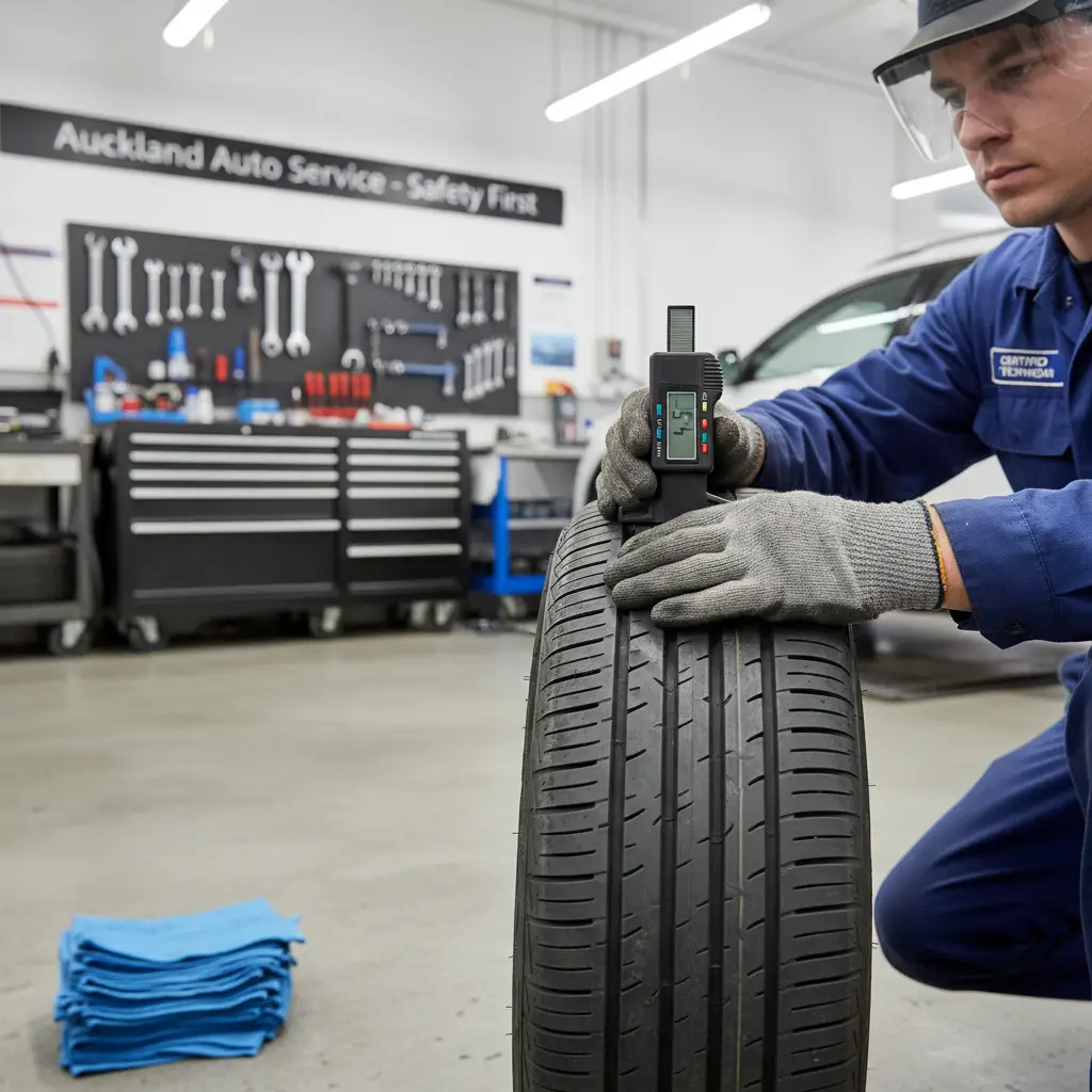 Mechanic checking tyre tread depth for NZ WOF compliance