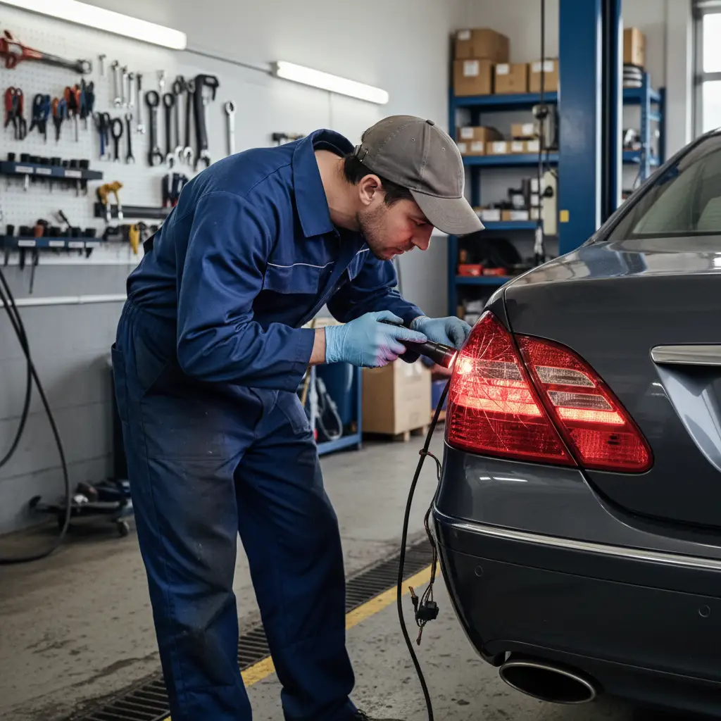 Mechanic checking car brake lights and indicators for WOF inspection