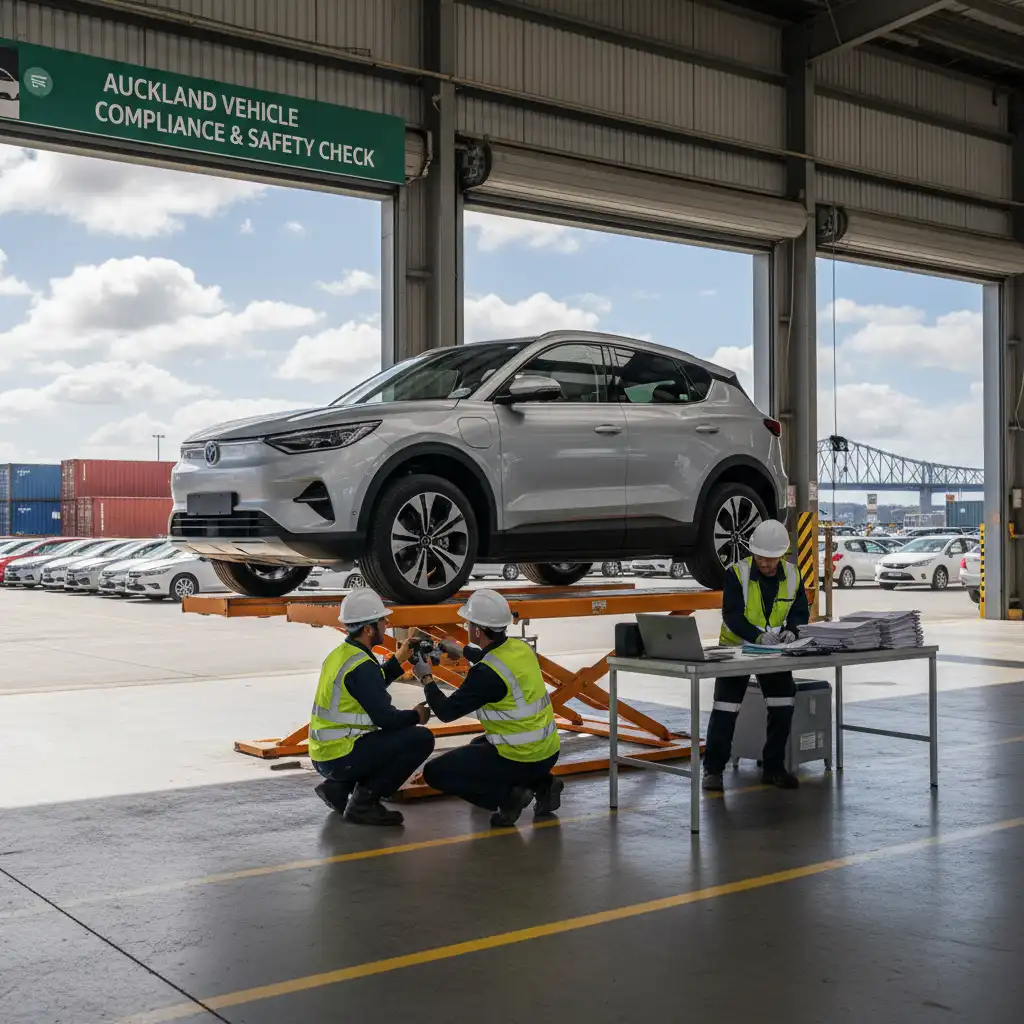 Vehicle safety inspection at Auckland port