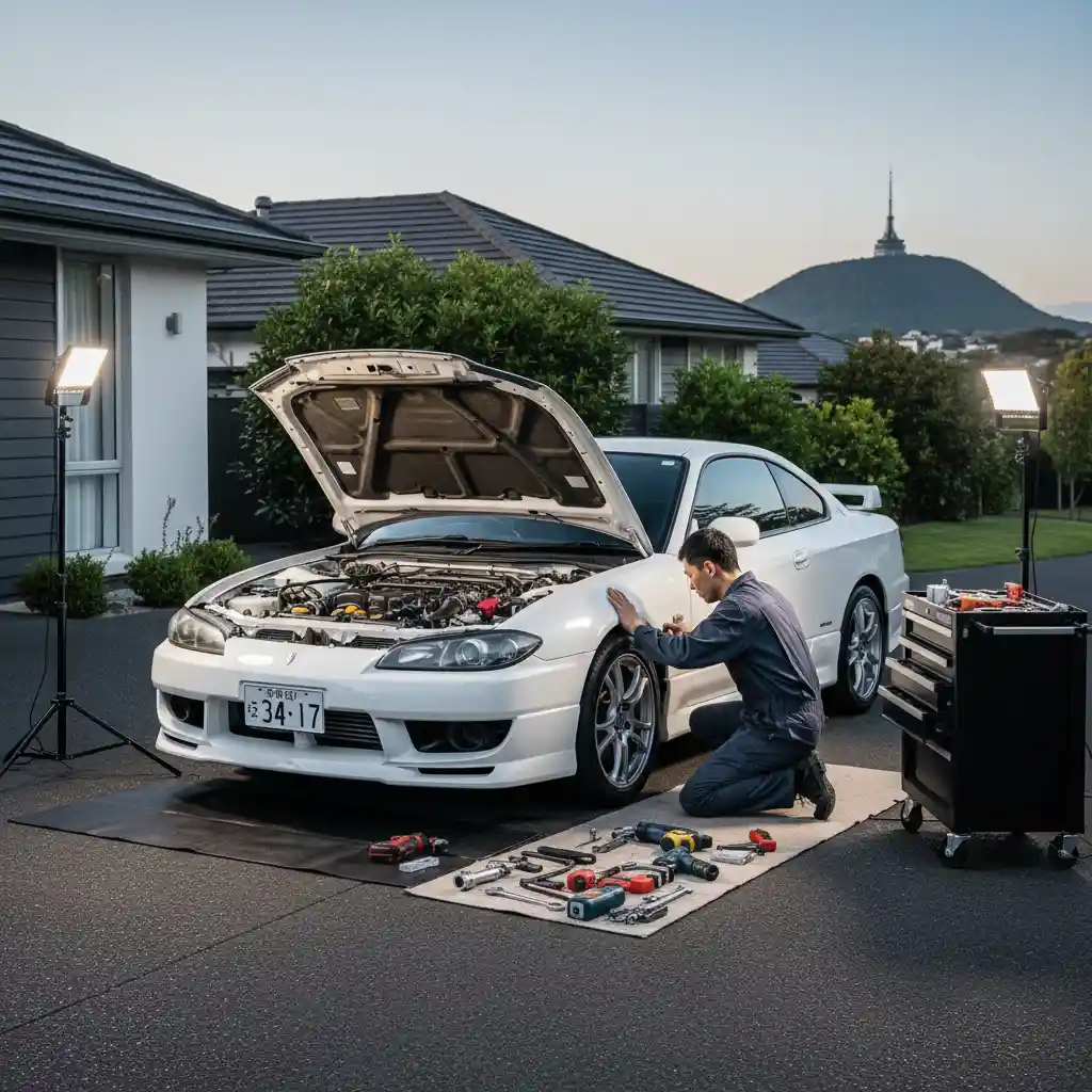Mobile mechanic servicing imported car