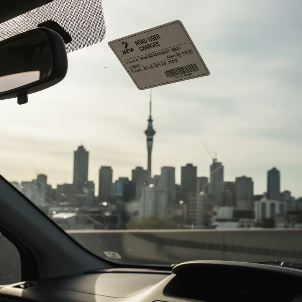 New Zealand Road User Charges label on a vehicle windshield
