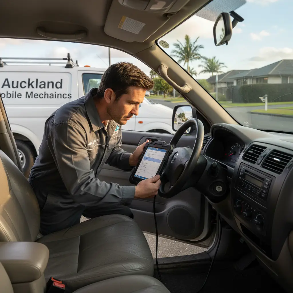 Mobile mechanic checking odometer for RUC compliance