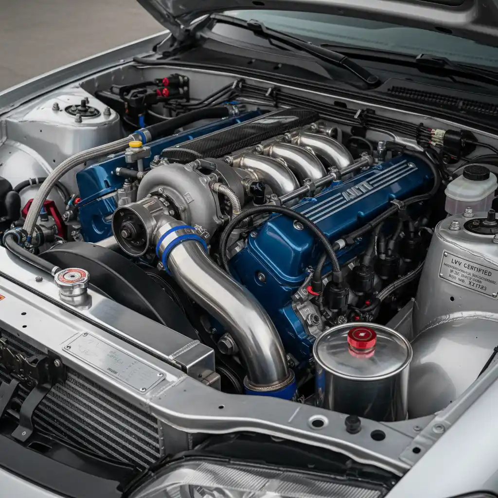 Turbocharged engine bay with LVV certification plate