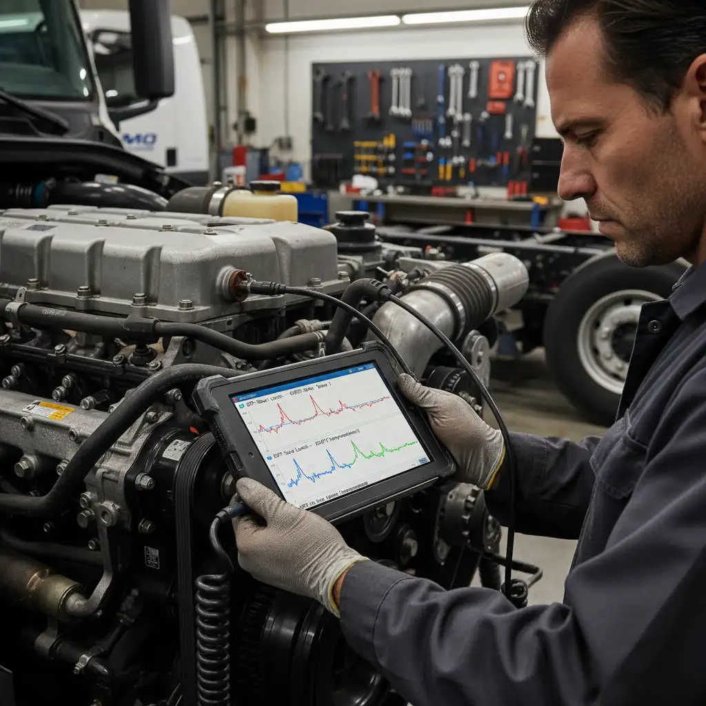 Mechanic performing DPF diagnostic check on a diesel vehicle