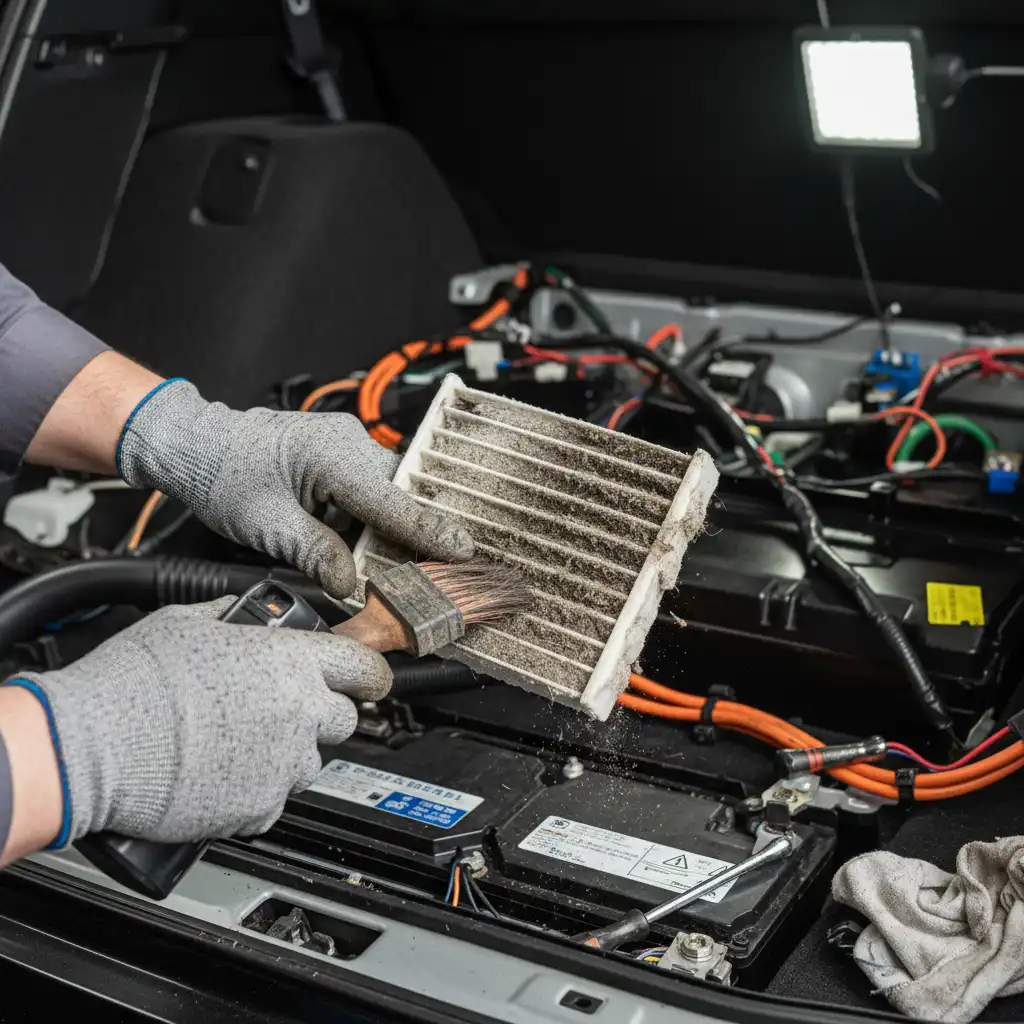 Mechanic cleaning a clogged hybrid battery cooling fan to prevent overheating