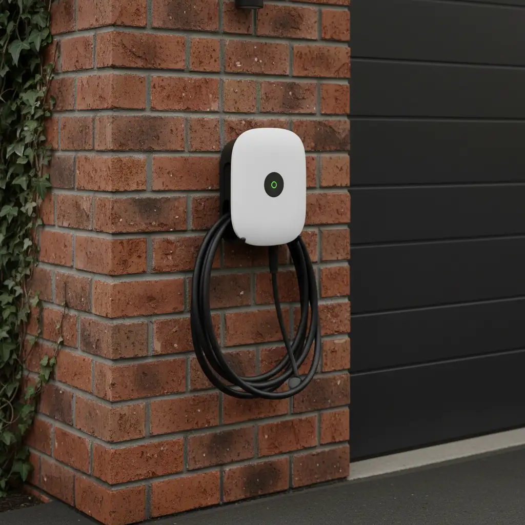 Level 2 EV wallbox charger installed on a garage wall
