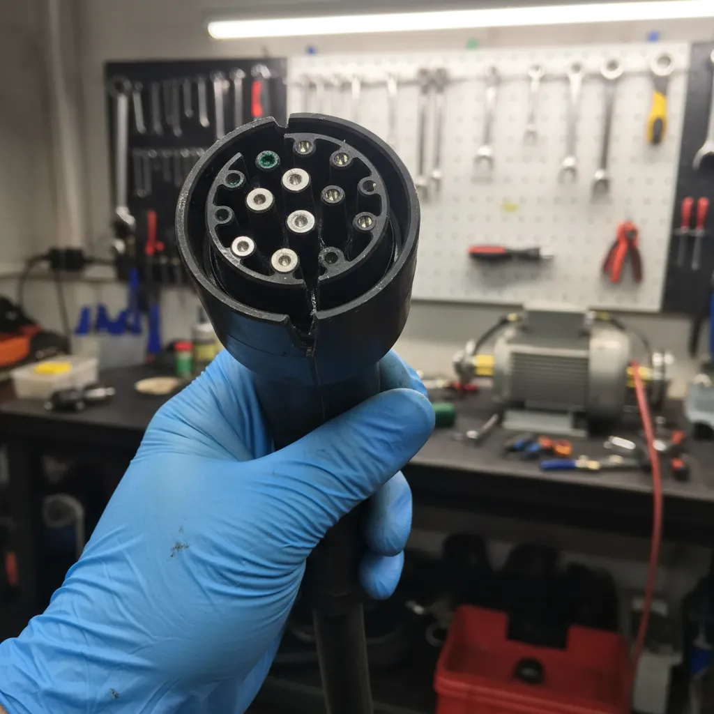 Inspecting EV charging cable for damage