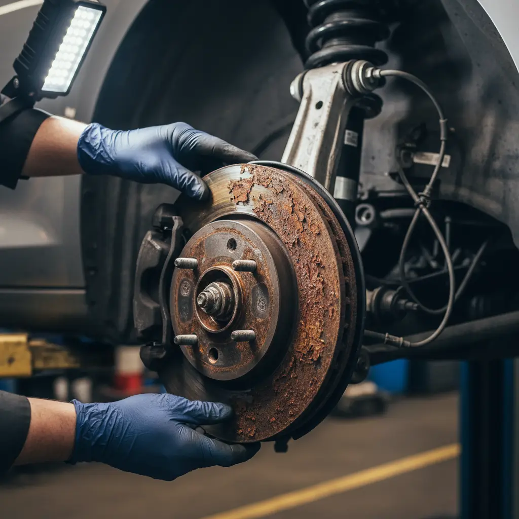 Mechanic inspecting rusted brake rotors on an EV