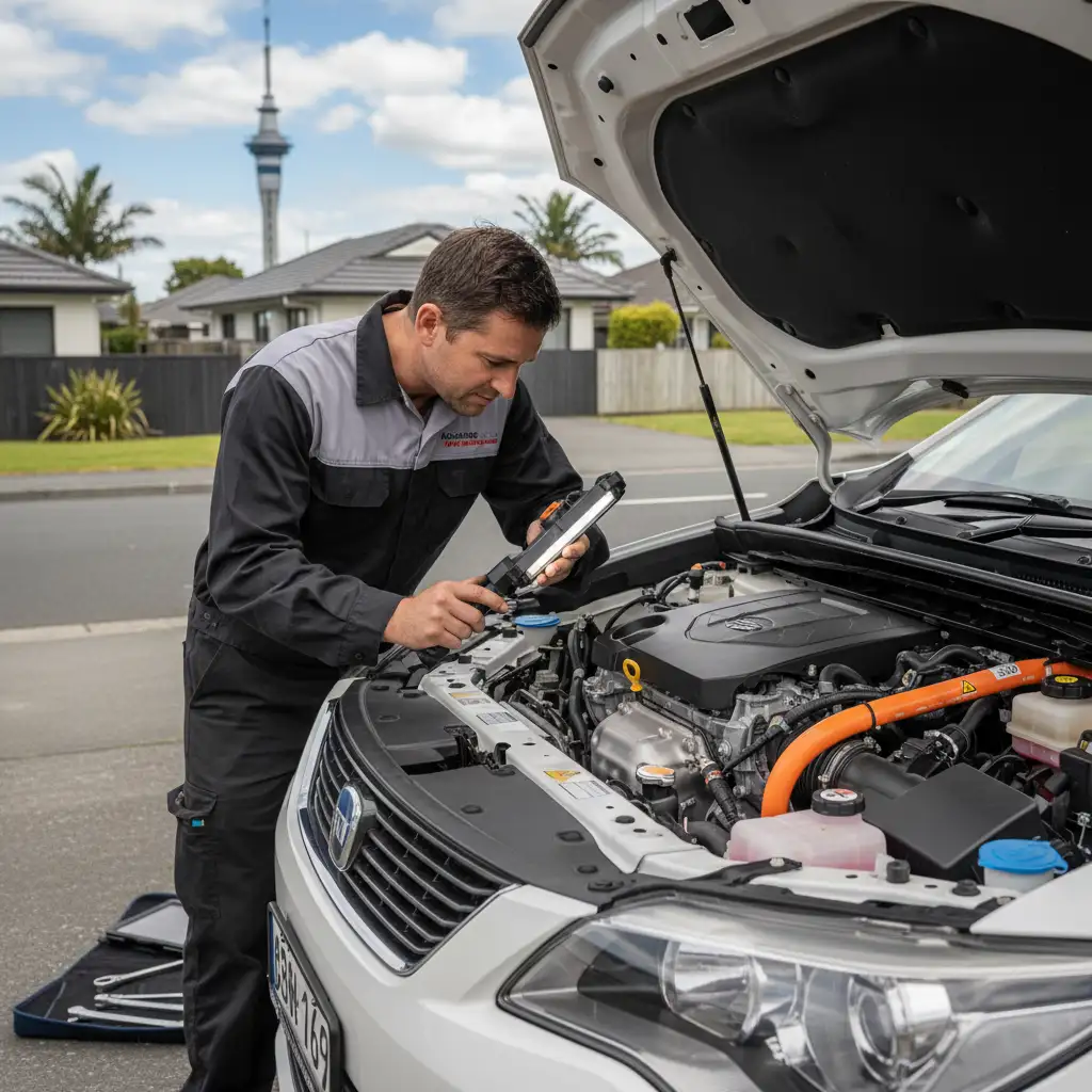 Mobile mechanic inspecting PHEV engine bay in Auckland