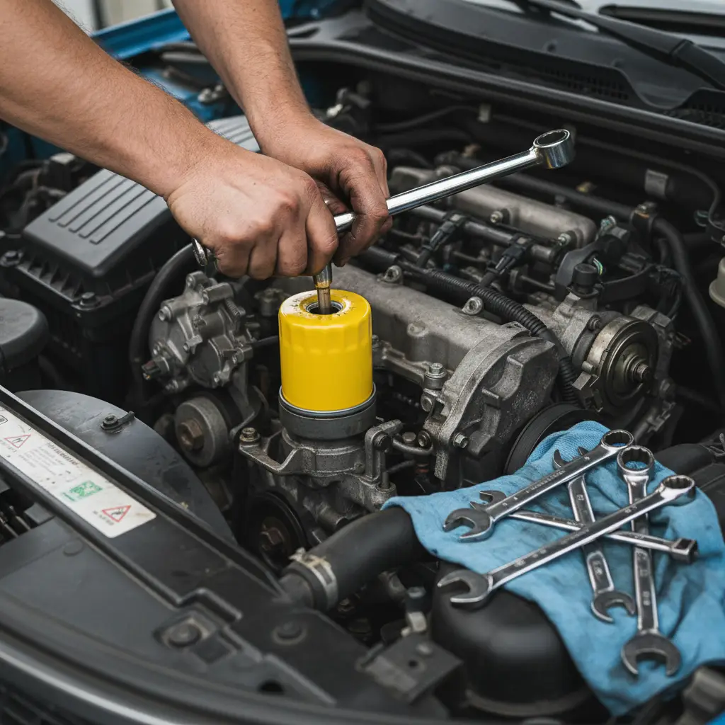 Mechanic installing a new oil filter
