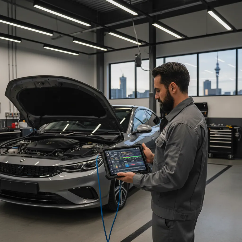 Mobile mechanic performing digital diagnostics
