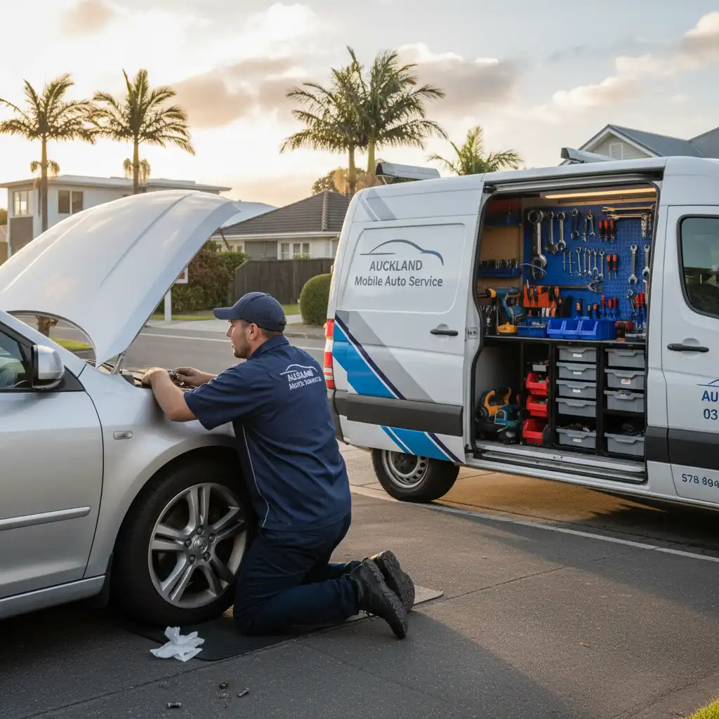 Mobile mechanic servicing a car in an Auckland driveway
