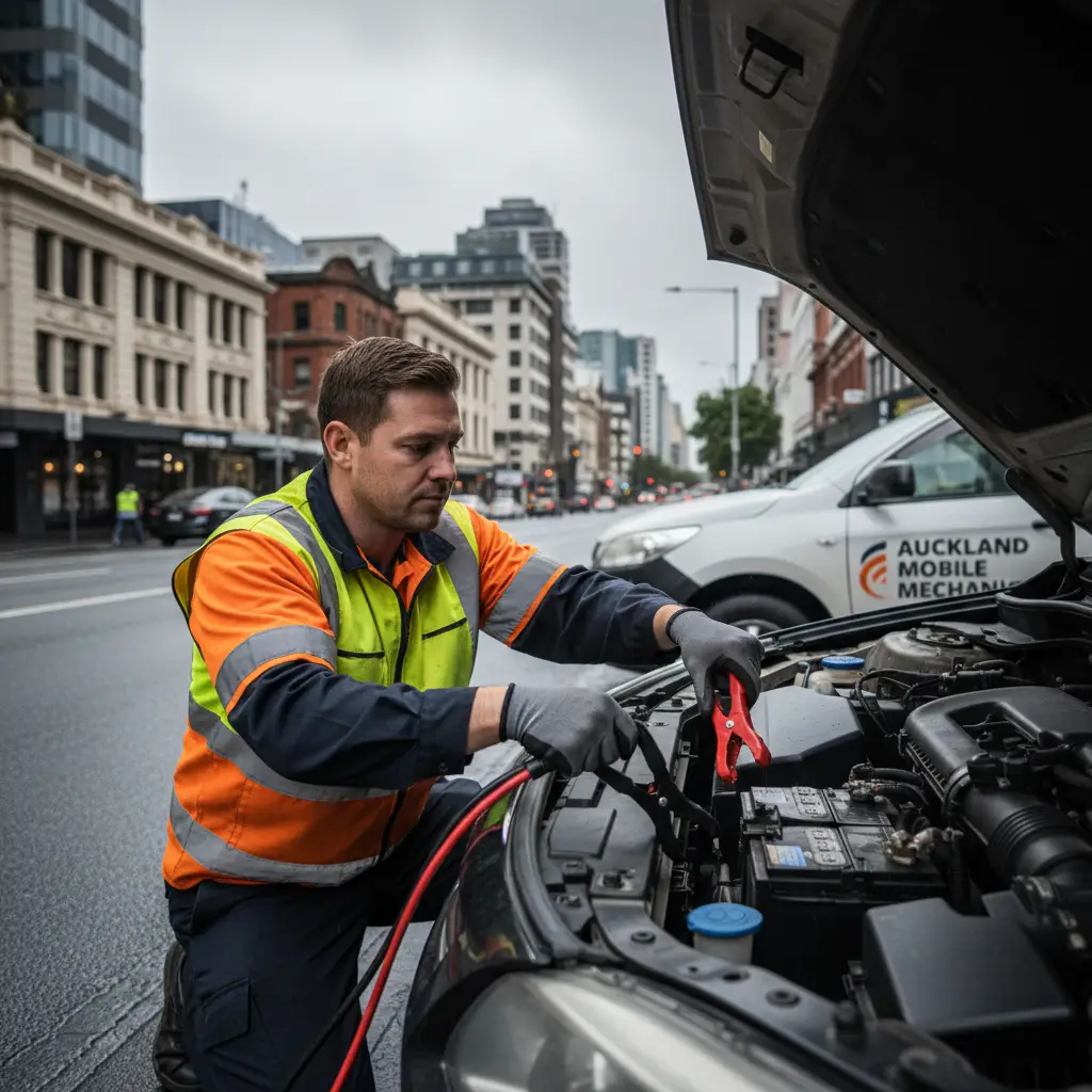 Mobile mechanic performing a battery jumpstart in Auckland