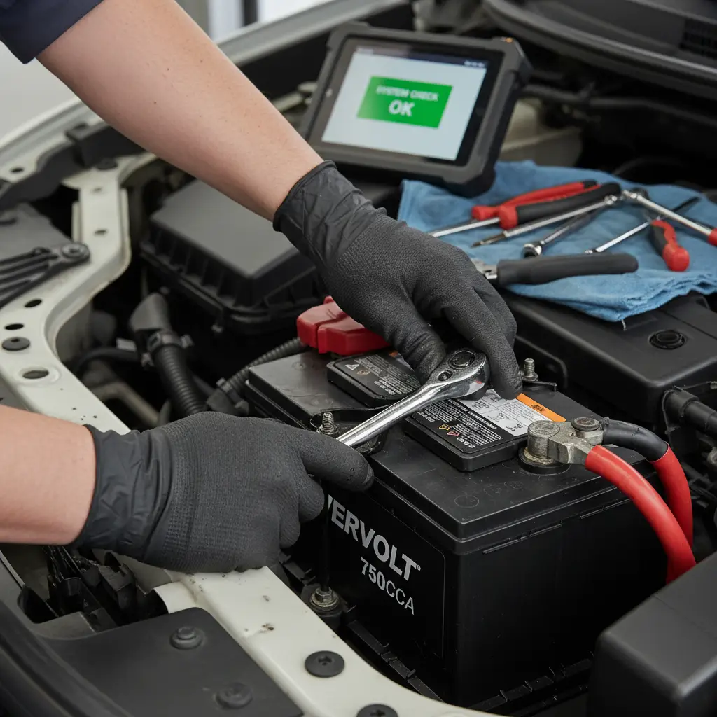 Professional car battery installation and terminal tightening