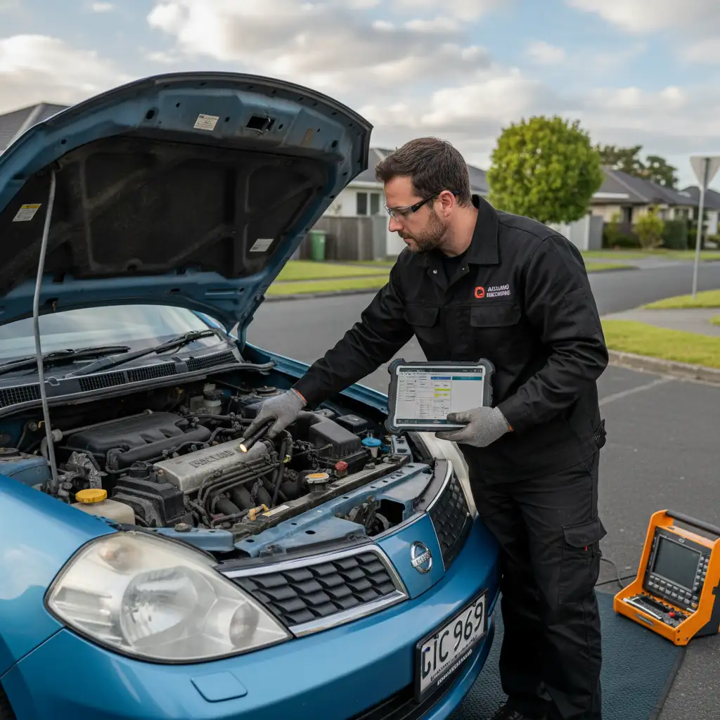Mobile mechanic performing engine inspection in Auckland
