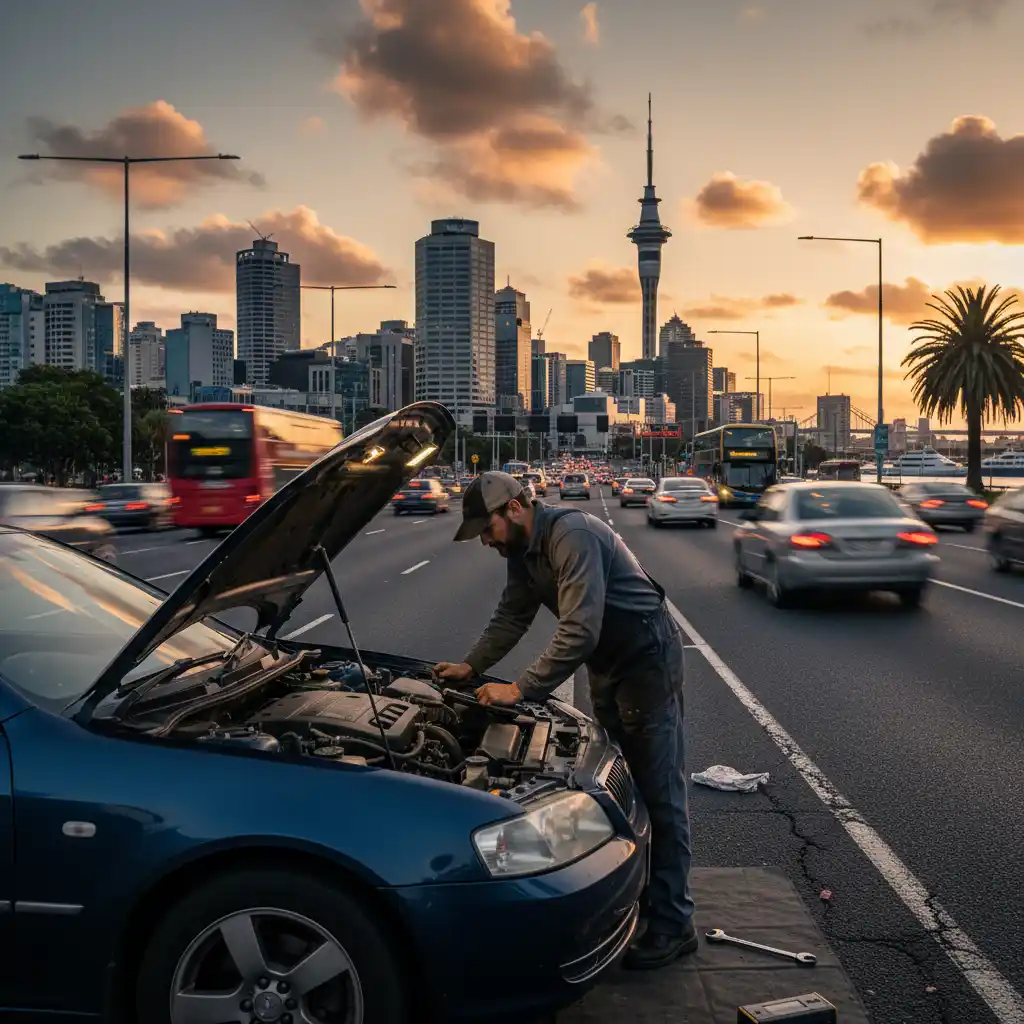 Roadside assistance mechanic diagnosing an engine issue in Auckland