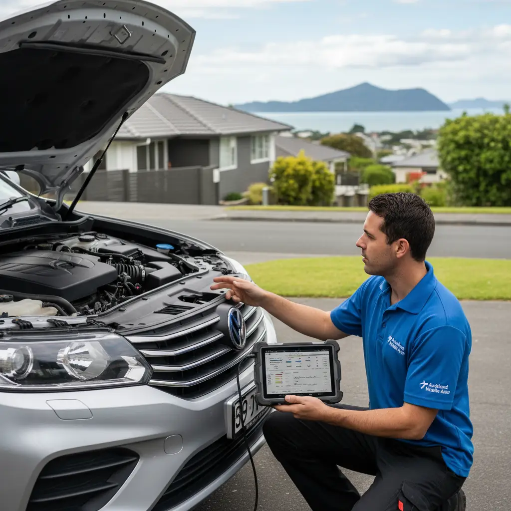 Mobile mechanic performing car diagnostics in an Auckland driveway