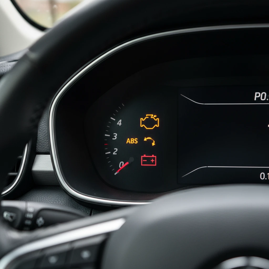Car dashboard warning lights illuminated