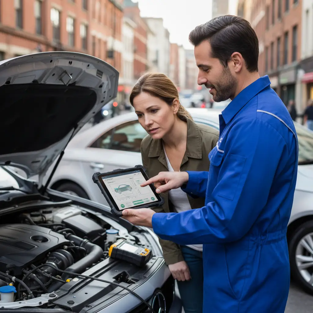 Mechanic explaining diagnostic report to customer
