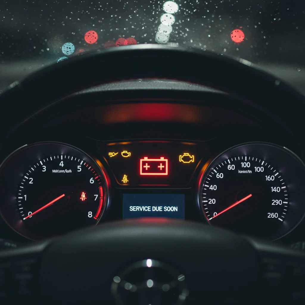 Dashboard warning lights indicating maintenance needs