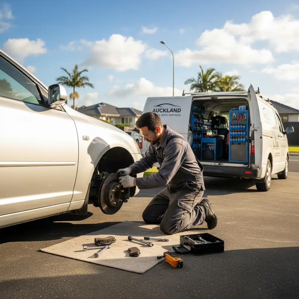 Mobile mechanic performing brake service in a driveway