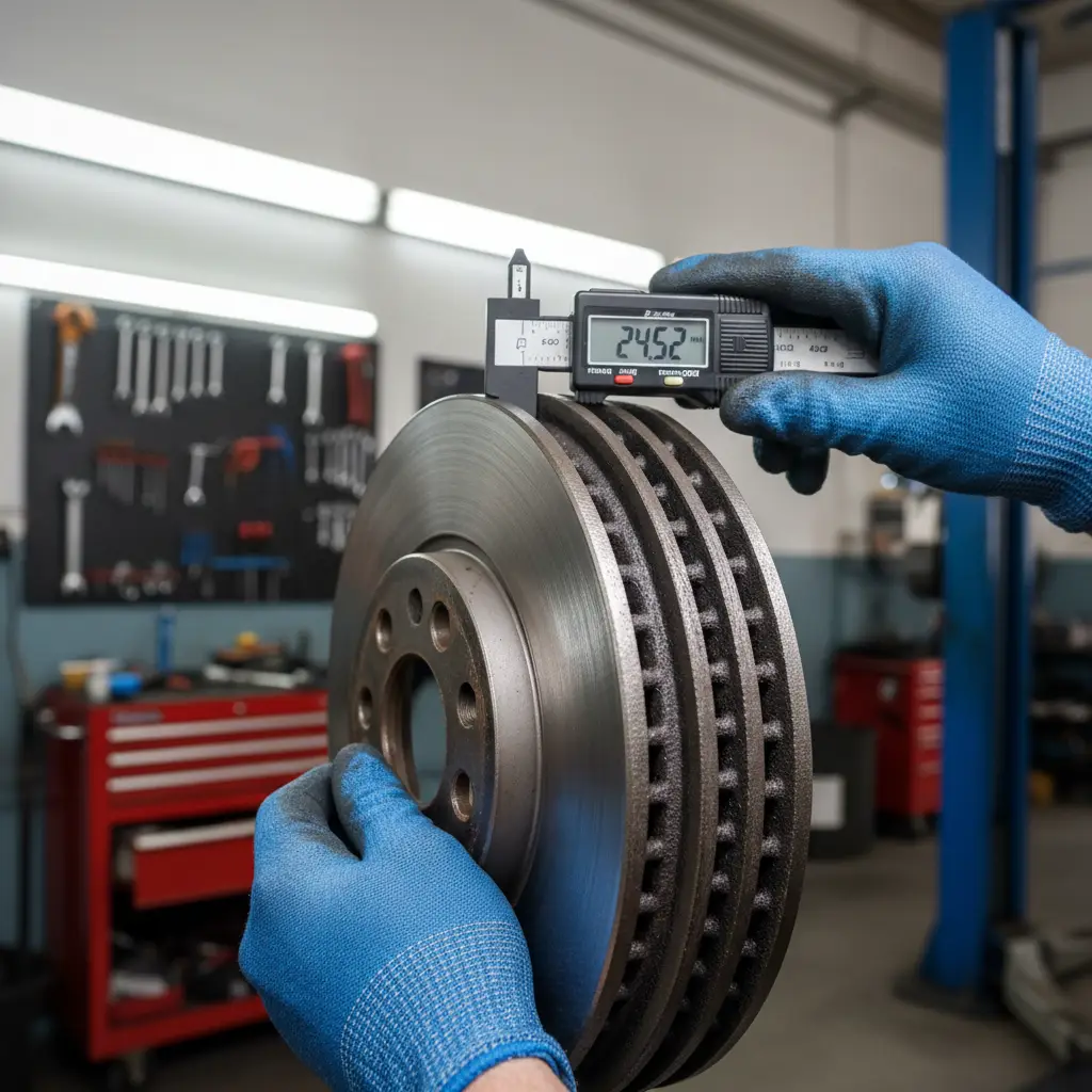 Mechanic measuring brake rotor thickness