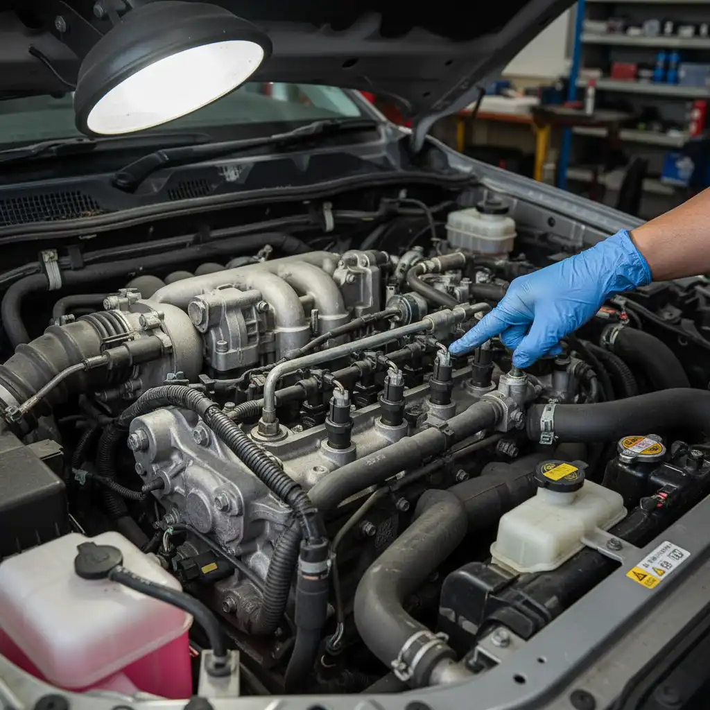 Toyota Hilux diesel engine inspection highlighting fuel injector location