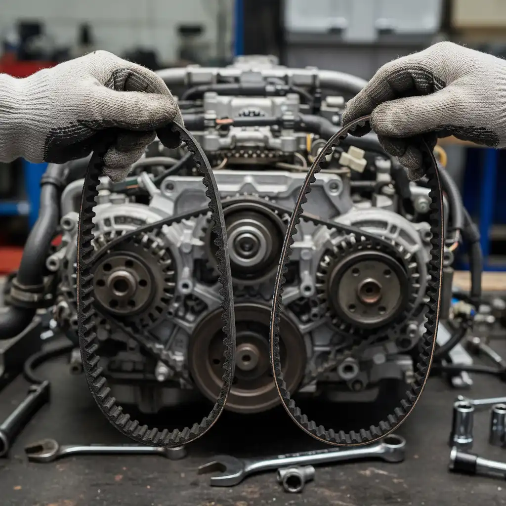 Comparison of old and new timing belts during a vehicle service