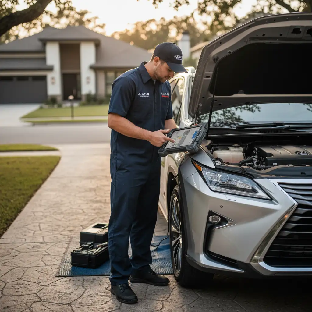 Mobile hybrid car service technician performing diagnostics