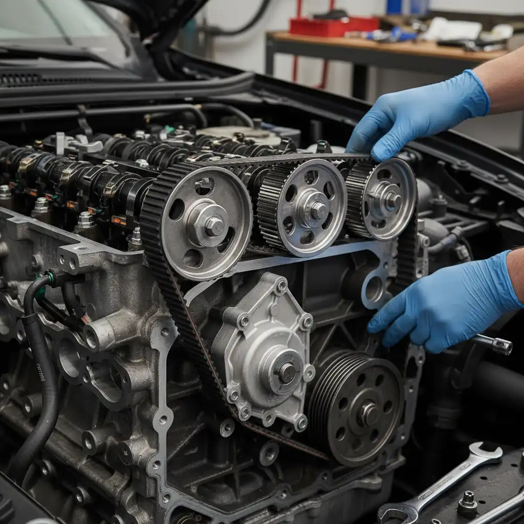 Timing belt and water pump replacement on a vehicle engine