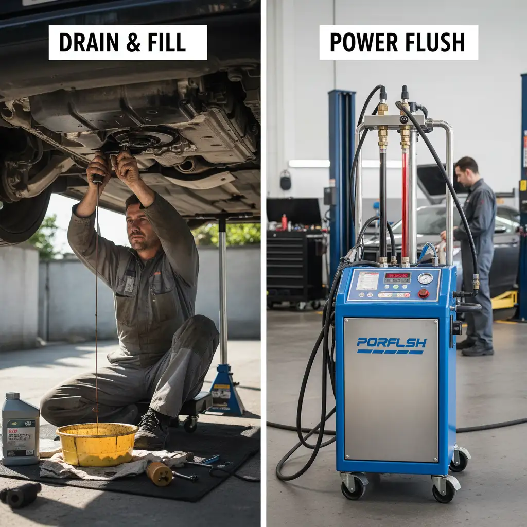 Comparison of transmission drain and fill versus a power flush