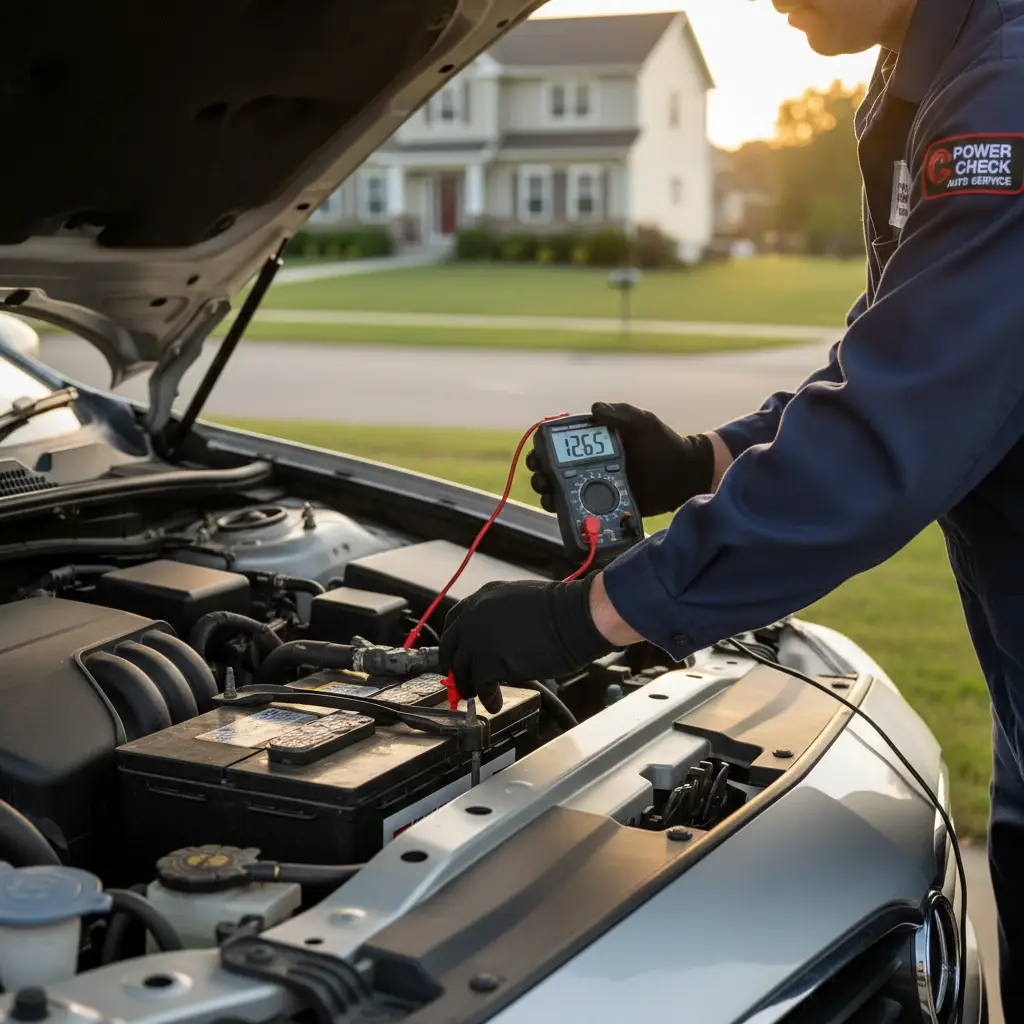 Technician performing mobile car battery replacement testing