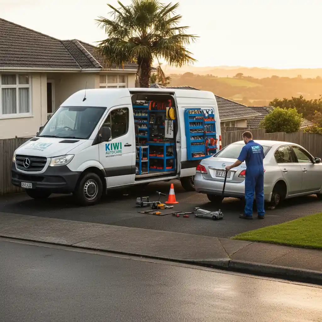Professional mobile brake repair setup in a residential driveway
