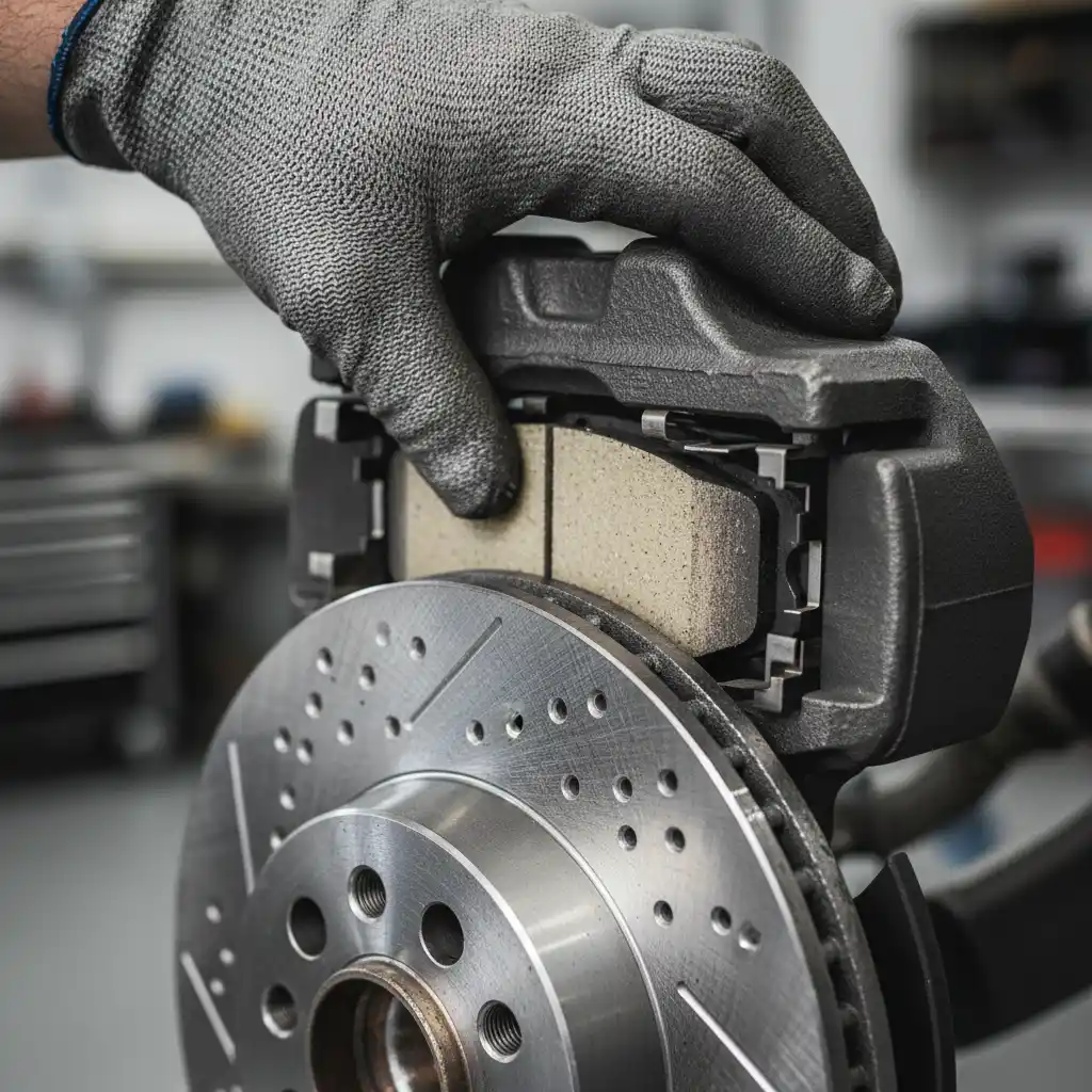 Mechanic installing new brake pads and rotors