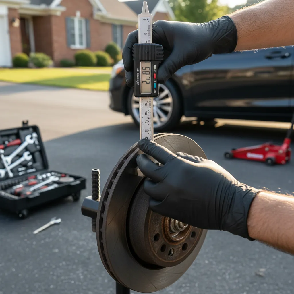 Mechanic measuring brake rotor thickness