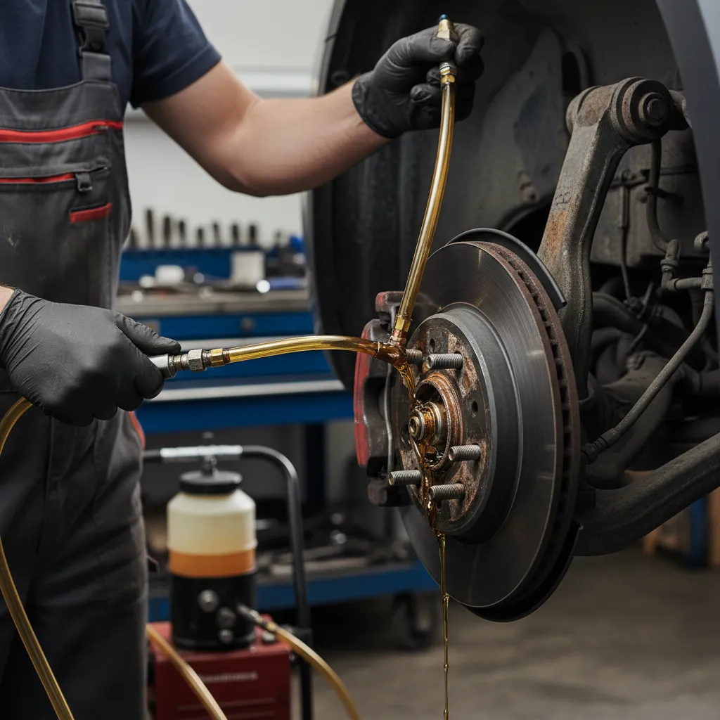 Professional mechanic performing a brake fluid flush using a pressure bleeder