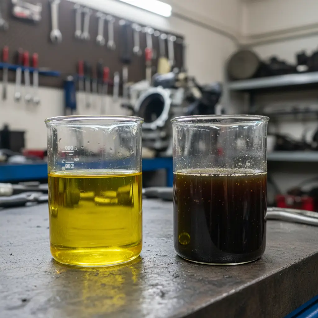 Side by side comparison of new versus old contaminated brake fluid