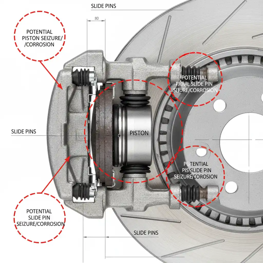 Diagram of floating brake caliper mechanics