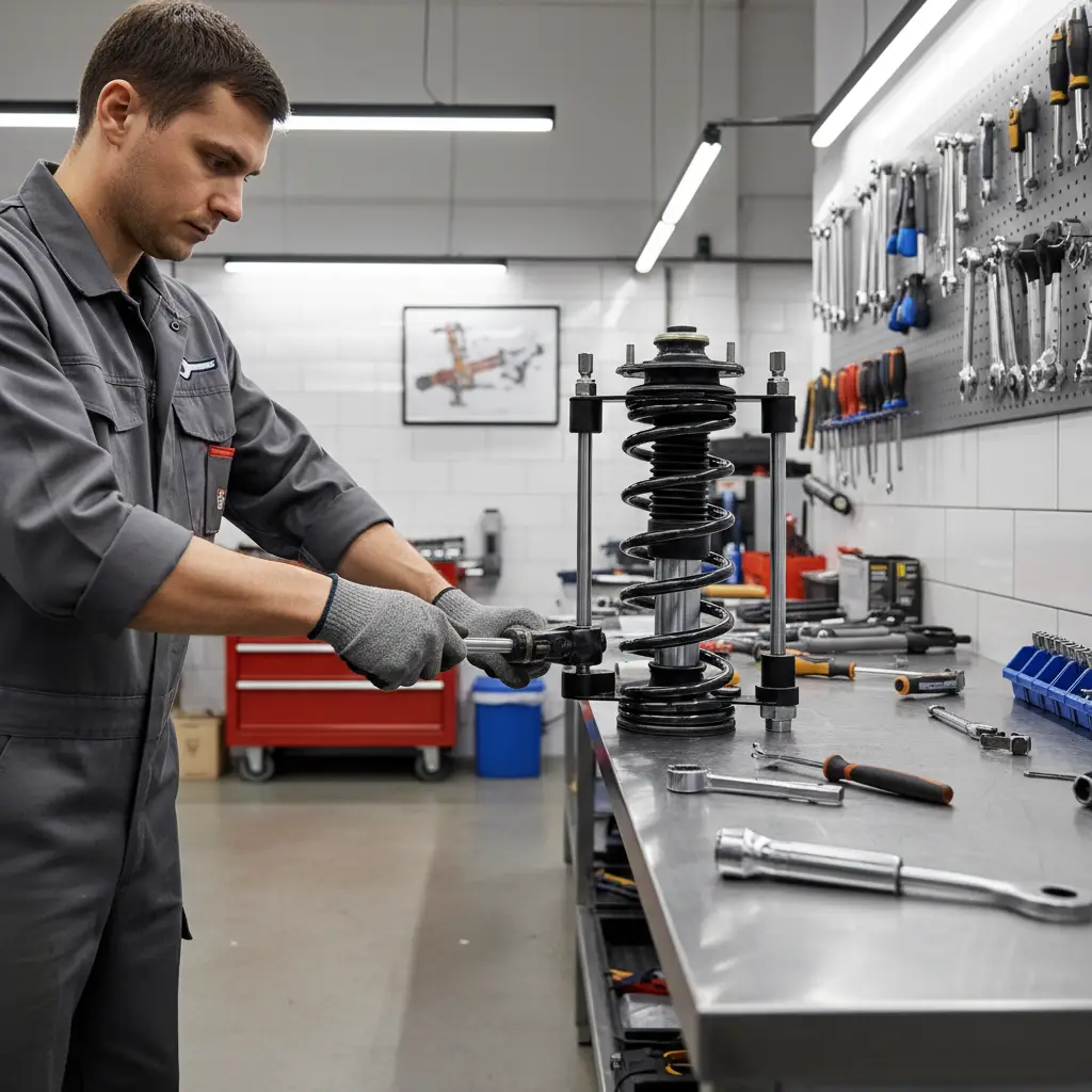 mechanic compressing suspension spring