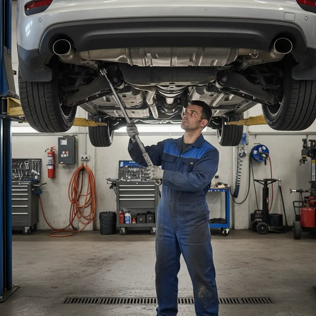 Professional mechanic repairing suspension control arm