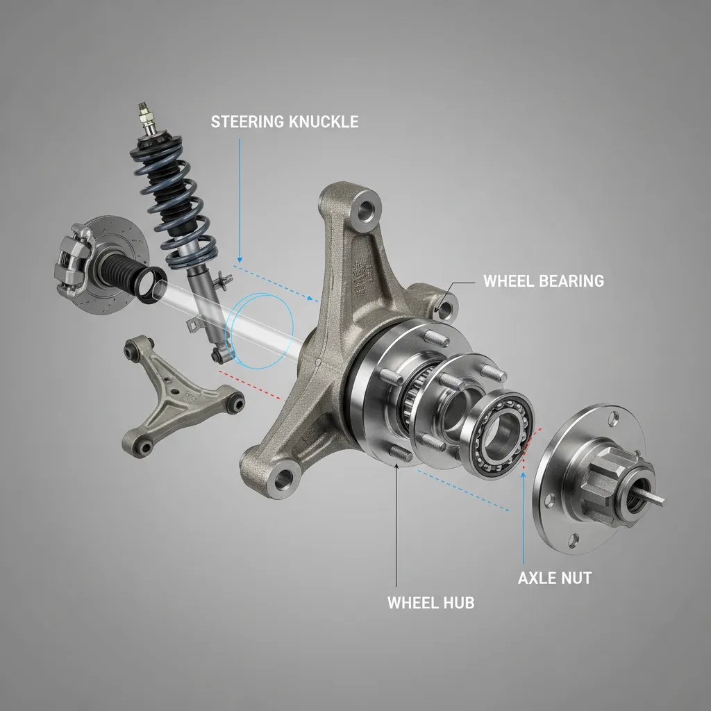 Exploded view diagram of wheel bearing and suspension components