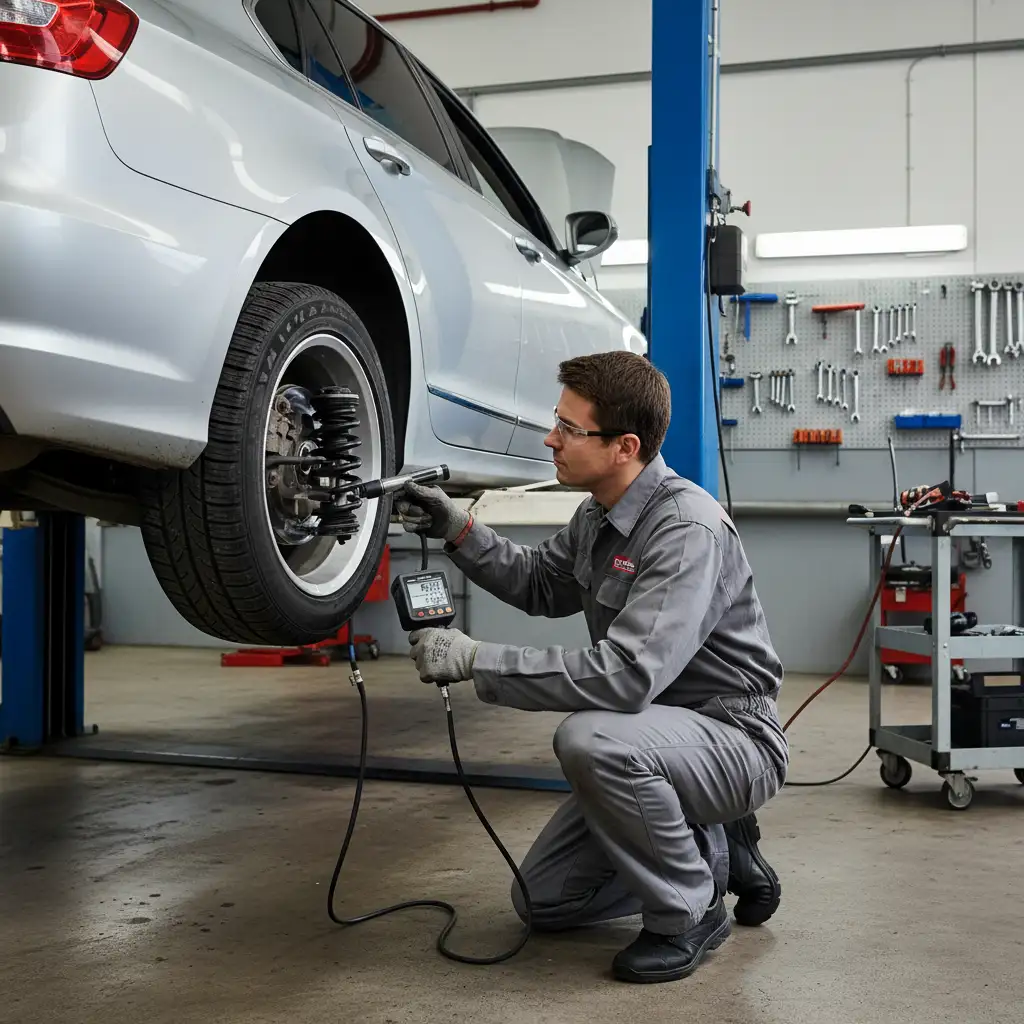 Mechanic performing preventative maintenance on vehicle suspension