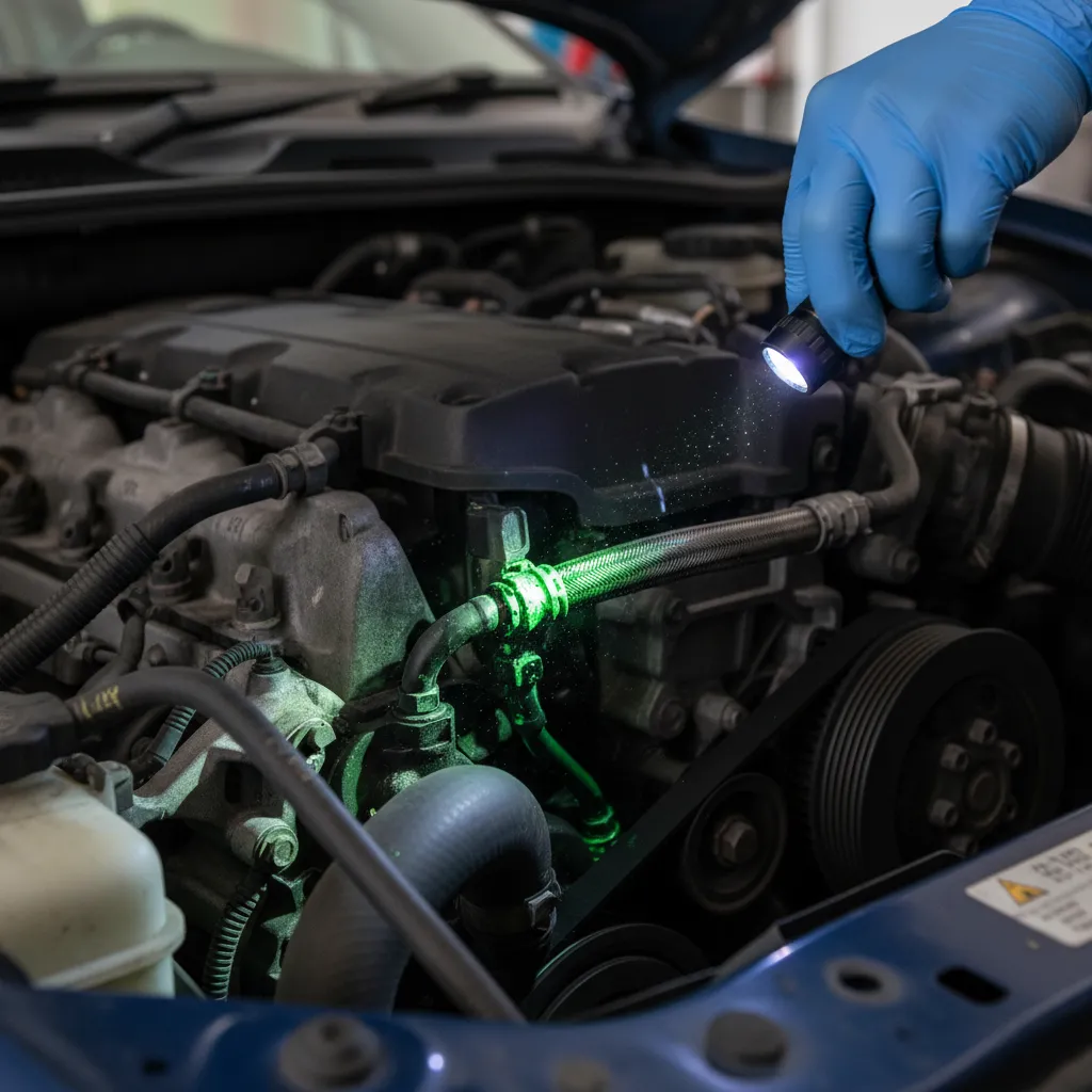 Mechanic inspecting engine for power steering leaks