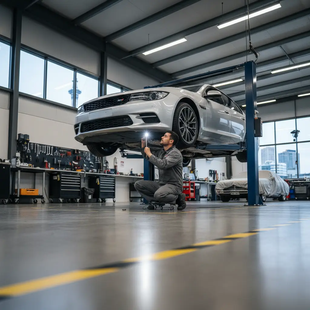 Car on lift for steering inspection in Auckland workshop