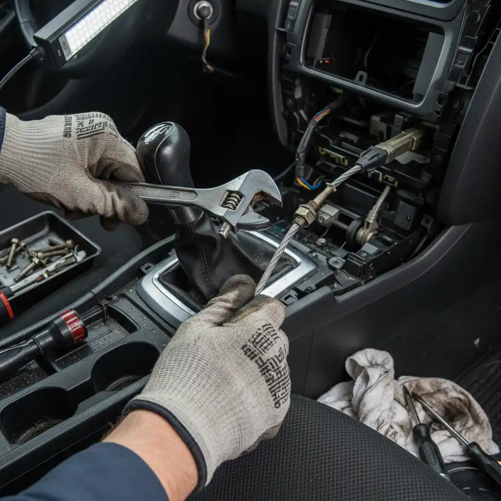 Mechanic adjusting handbrake cable tension